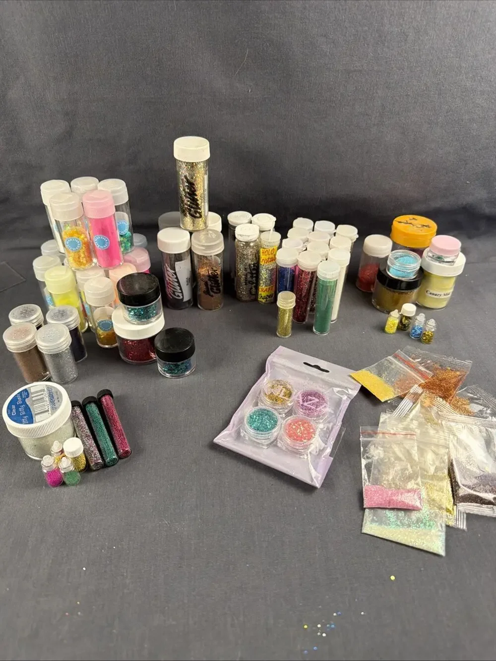 Assorted Craft Glitter 70 Lot, Multicolor, Glass Beads, Jars Bottles & Bags